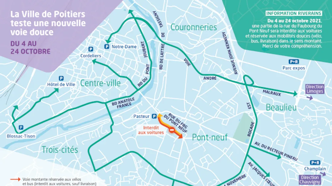La mairie de Poitiers expérimente une voie douce rue du Faubourg du Pont-neuf.